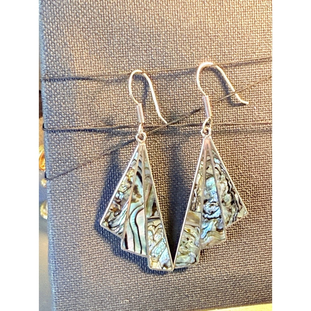 Vintage Signed 925 Mexican Taxco Abalone Shell Inlay Earrings Sterling Silver